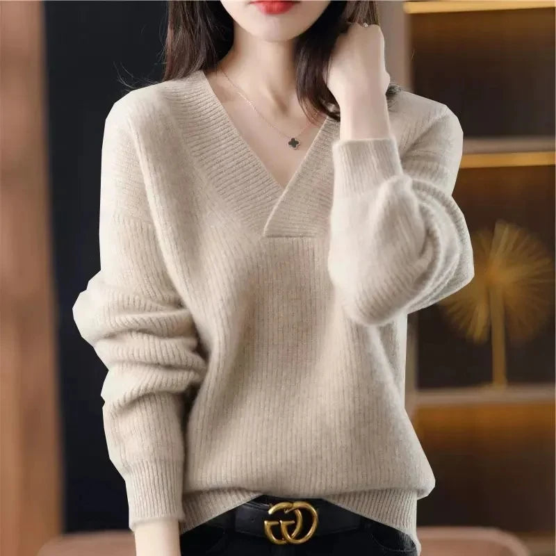 Cashmere Sweater Women 100% Wool Sweater Fashion V-Neck Knitted Sweater 2024 Winter and Autumn New Loose Sturdy Soft Sweater
